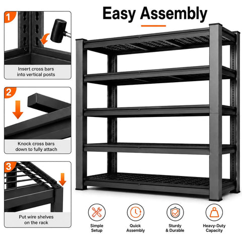 Knockout Heavy Duty Tote Storage Rack With Adjustable 5 Tier Garage Shelving showing easy assembly steps and sturdy design.