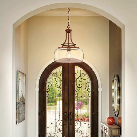 Rustic Farmhouse Industrial Round Ceiling Pendant Light With Clear Glass Shades For Dining Room Kitchen Island Foyer Entryway Modern Edison LED Fixture E26 Base Imitation Wood Grain Finish 17 Inches High 13.4 Inches Wide fixture in elegant foyer.
