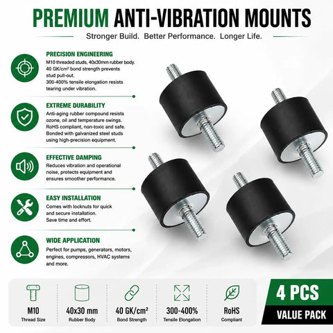 4 Pack Tough As Nails M10 Double Stud Rubber Isolation Mounts Heavy Duty Anti Vibration Shock Absorbers featuring M10 studs and rubber body.