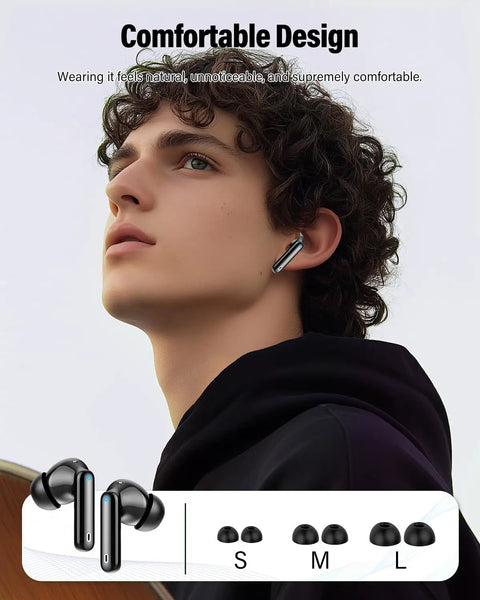 Person wearing Dope Wireless Earbuds With Bluetooth 5.4, close-up showing comfortable fit, with ear tips size chart below.