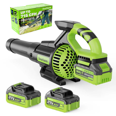 Cordless Leaf Blower With 715 CFM Airflow And 200 MPH Wind, showing brushless motor, batteries, and charger included