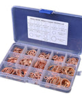Ultimate 280-Piece Solid Copper Sump Plug Washer Set Kit With Complete Metric Pack Oil Drain Seals For Auto And Marine Engines To Stop Drip Leaks Like A Boss During Quick Maintenance And Major Repairs. Open plastic organizer with copper washers
