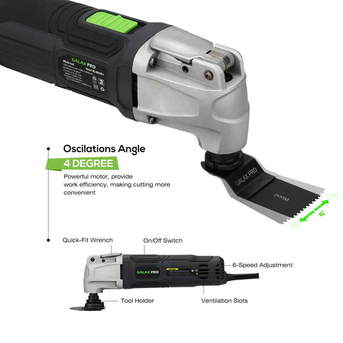 Close-up of Powerful 2.4 Amp Oscillating Multi Tool Kit with labelled features, showing quick-lock accessory change and 3 degree oscillation angle.