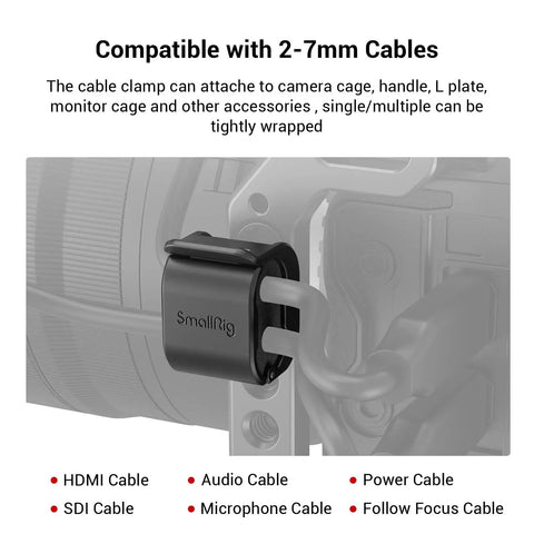 Camera Cable Lock Clamp 4 Pack For HDMI SDI And Microphone Cables Keeps DSLR Rig Cages And Handles Looking Clean No Cable Mess One Quarter Inch Twenty Mount Compatible shown attached to DSLR cage