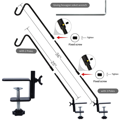 Hella Durable Expandable Deck Hook With A Two Inch Non Slip Railing Mount Super Long Twenty Five Or Thirty Six Inch Telescoping Pole Bracket showing two pole options, mounting clamps, and hexagon wrench.