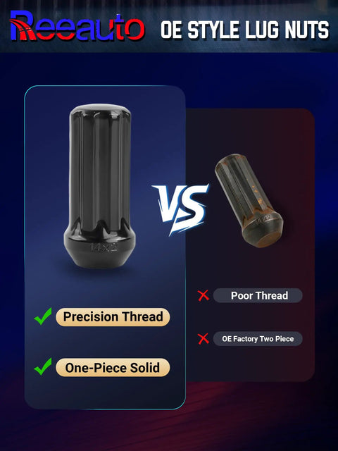 Comparison of 24 Piece M14x2.0 Closed End Duplex XL Spline Tuner Lug Nuts with precision thread vs factory two piece.