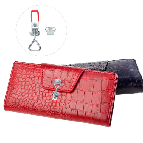 Red and black croc-pattern wallets with a metal clamp, showcasing the 8 Pack Adjustable Pull Latch Kit For Boxes Cabinets And Doors.