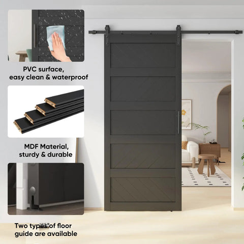 Ultra Sharp 42 By 96 Inch Wave Shape Sliding Barn Door In Matte Black with PVC surface, easy clean, and sturdy MDF material.