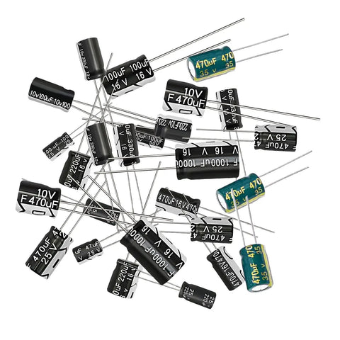 Sweet 260 Pcs Electrolytic Capacitor Assortment Kit With 26 Values Spanning 1 UF To 1000 UF Marked Cases, assorted capacitors on a white background.
