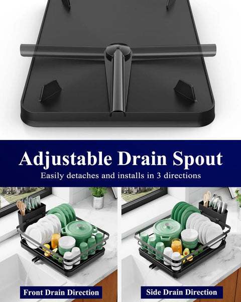 Adjustable drain spout for Compact Dish Drying Rack For Kitchen Counter Black, showcasing front and side drain directions.