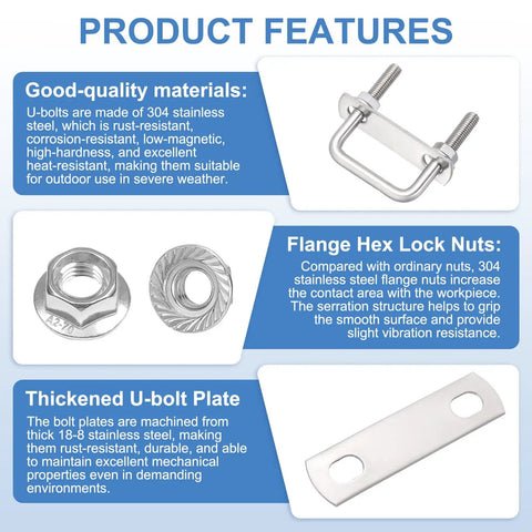 Two Pack Square U Bolts With Flange Nuts For Trailer And Automotive Use One And Three Quarters Inch Inner Width Two And Nine Sixteenths Inch Length 304 Stainless Steel U Bolts With Frame Plates product features