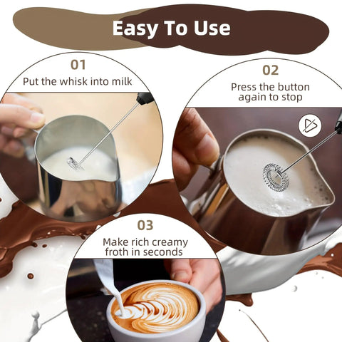Steps to use Handheld Milk Frother Cordless Electric Foam Maker With Stainless Steel Whisk Froths In 15 Seconds Quiet Drink Mixer