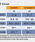 Yaktrax size chart for Boss Level All Surface Traction Cleats Engineered With Reinforced Diamond Beads in large.