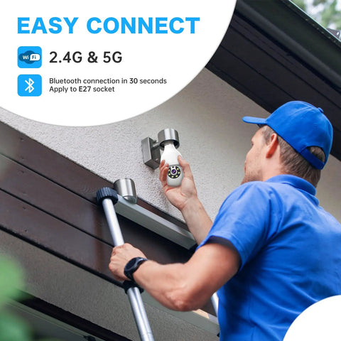 Person installing 2K Light Bulb Camera With 5G And 2.4G WiFi, Plug And Play Wireless Indoor Outdoor Security Bulb Cam on exterior socket
