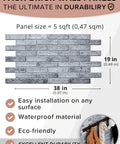 Image of 3D Faux Brick PVC Wall Panel with size details shown, emphasizing durability and waterproof features.