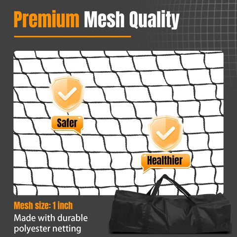 Close-up of backyard baseball batting cage durable polyester netting with frame for hitting and pitching practice 30ft x 10ft x 8ft