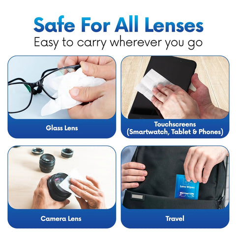 Lens Wipes collage for eyeglasses: cleaning glasses, touchscreens, camera lens, and travel pocket.