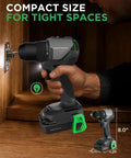 Badass 20V Brushless Cordless Drill Driver Set With 443 Inch Pounds Torque Two Speed Gears and 20 Ah Battery being used in tight spaces.