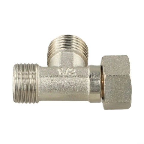 Built Tough Three Way Brass Diverter Valve With Easy Grip Handle And Leak Free Seals Nickel Plated Half Inch Threaded Tee Connector for plumbing.