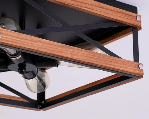 4 Light Rustic Farmhouse Flush Mount Ceiling Light With Metal And Wood Square Frame Dope Black Finish for rooms