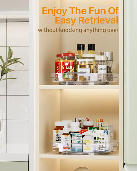 Clear Two Pack Rotating Lazy Susan Turntable For Kitchen Cabinets And Fridge Shelves with jars and bottles in organized trays.