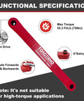 Zero Offset Extension Wrench Set Pro Grade Extender Tool With 1/4 Inch, 3/8 Inch, And 1/2 Inch Square Drive Adapters For Tight Spots Versatile Universal Wrenches Built Tough From Aluminum Alloy And Chrome Vanadium Sockets Red shown with functional specifications including chain drive and max torque of 55.3 Ft/Lb