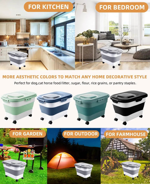 Space Saving Collapsible Rice Storage Container With 20 To 30 Lb Capacity Rolling Wheels Airtight Locking Lid featured in various settings.