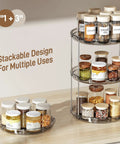 Ditch The Drawer Clutter With This Two Tier Rotating Lazy Susan Tray Engineered To Stretch Narrow Cabinet Space Hassle Free Spin Spice Rack Organizer For Pantries Counters And Bathroom Vanities In Sleek Grey showcasing stacked spice jars on a rotating tray.