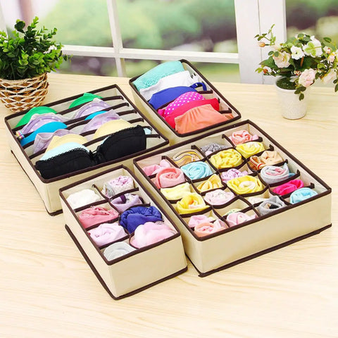 Total Closet Game Changer Non Woven Bra Storage Organizer With Multi Grid Layout Smooth Drawer Setup For Underwear Socks Ties And Scarves Beige Four Pack displayed neatly with bras and rolled socks.
