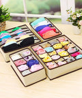 Premium Fashion Forward Non Woven Foldable Drawer Organizer Set For Bras Underwear Socks And Ties, organized in three beige boxes.