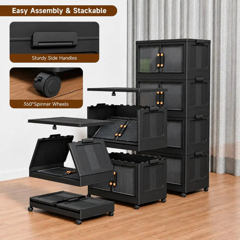 Heavy Duty Fold Flat Storage Bins With Slick Dual Front Door Access And Secure Lids Built Different Stackable Plastic Organizer Totes For Your Garage Office Pantry Or Home Gear Setup 4 Pack Black Nine Gallon Capacity Each in stacked formation with front doors open and spinner wheels.