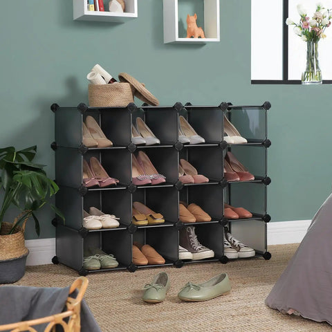 Interlocking 16 Cube Shoe Rack Storage Organizer For Closet Entryway Bedroom And Garage DIY Modular Shoe Cabinet Space Saver With Versatile Configurations Dimensions 12 X 35.1 X 27.2 Inches Grey, full view with shoes.
