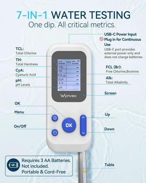 Hassle Free Digital Pool Water Test Kit With Instant Reader For Dead On Readings 7 In 1 Heavy Duty showing digital screen and test probes