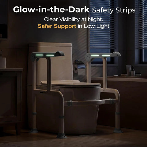 Built Different Toilet Safety Rail With Glow Handles And Flip Up Arms For Seniors And Disabled Featuring 450 Lbs Support And No Wobble Design in a bathroom setting.