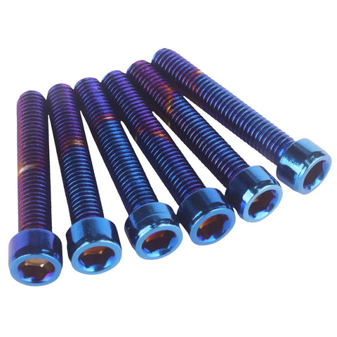 Slick Titanium Finish Stainless Steel Allen Hex Socket Head Screws M5 From M5x12 Up To M5x35mm Burnt Blue Bolt Set displayed in close-up view.