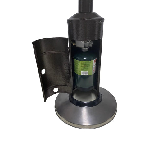 Open compartment of a stainless steel tabletop patio heater showing space for a 1lb propane tank. Tabletop Patio Heater With Adjustable 8,000 To 11,000 BTU Heat Heats Up To 275 Sq Ft Runs On 1lb Propane Tank Not Included Portable Outdoor Heat For Backyards Patios And Decks Great For Hangouts And Chillin.