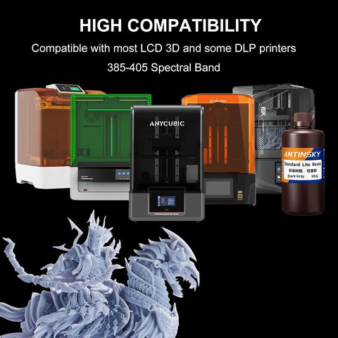 Standard Lite Black 3D Printer Resin 405nm UV Curing Photopolymer For LCD And DLP Printers Low Odor Fast Curing High Precision Low Shrinkage Killer Detail Great Value Super Smooth Flow For Newbies And Pros 1Kg displayed with multiple 3D printers and a dragon model