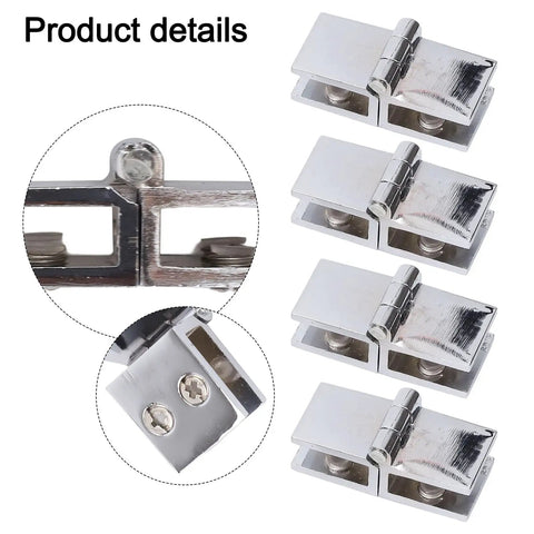 Rock Solid Four Piece Shower Glass Door Hinges With 180 Degree Double Sided Clamp Fit 5mm To 8mm Glass with close-up details.