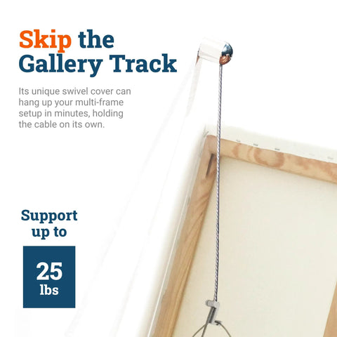 Heavy Duty Steel Cable Picture Hanging Kit With Adjustable Bullet Hooks And Ceiling Mount supports a framed artwork with a swivel cover.
