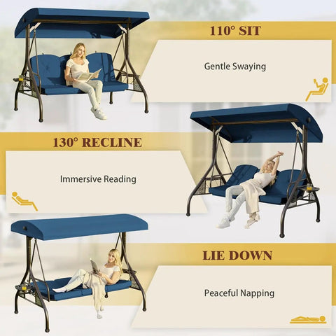 Three-Seat Outdoor Porch Swing With Adjustable Canopy And Stand, 800-Lb Capacity, 3-In-1 Convertible Swing Bed For Patio, Cozy Round Tube Frame