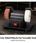Heavy Duty Twin Wheel Bench Grinder With Kickass Copper Motor For Sweet Garage Space Saving Setup Badass Rust Removal And Fast Blade Sharpening Jobs At Home Or Shop close-up of twin-sided wheels and intuitive switch.