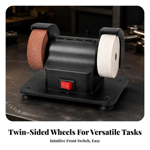 No Frills Heavy Duty Compact Benchtop Grinder Twin Wheel Polishing And Sharpening Station with twin-sided wheels for versatile tasks.