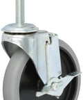 Rollin Smooth Heavy Duty Swivel Caster With Tread Brake, 5 Inch Tpr Wheel On Unc13 Threaded Stem, side view with brake engaged.