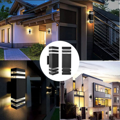 4 Pack 12 Inch LED Up And Down Wall Lights 14W 4000K Day White Outdoor Aluminum Waterproof IP65 Porch Patio Garden Garage Exterior Lighting Fixture Built Tough For House shown installed on various modern homes.