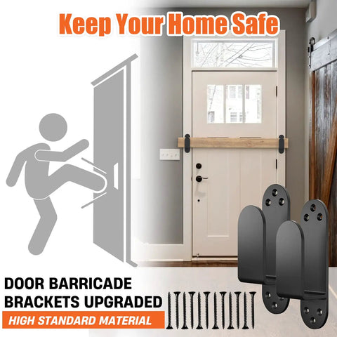 Heavy Duty Door Barricade Brackets Keep Your Entryway Locked Tight With This Tough Black Steel Safety Kit Packing Complete Hardware For Straightforward Mounting On Standard 2X4 Wood Frames, showcasing black steel brackets and screws.