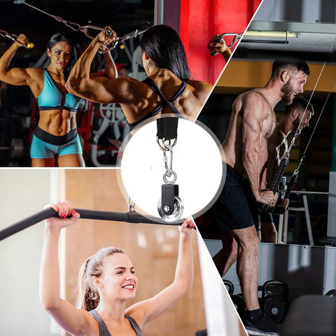 Heavy Duty Two Pack Cable Pulley Wheels For Your Home Gym Rig Featuring Smooth 360 Degree Rotation And Built Tough Aluminum Construction Rated For A Massive Six Hundred Sixty Pound Pull in use with various exercises.