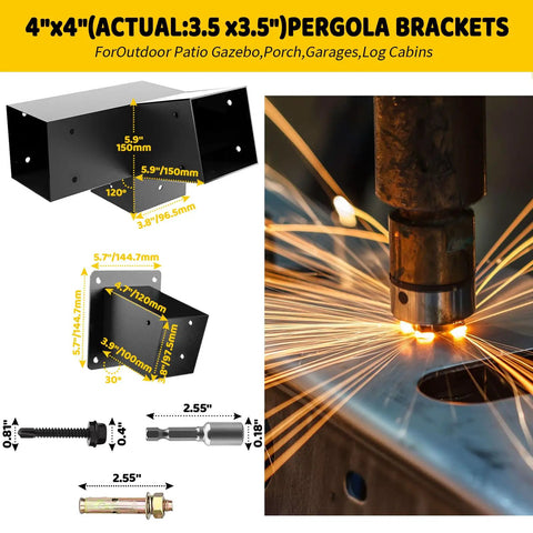 Four Pack 3-Way Slanted Roof Corner Brackets For 4x4 Posts With Wall Mount Base, 30 Degree Right Angle For Pergolas Gazebos Porches, Heavy Duty Galvanized Steel, Matte Black Finish, Rust Resistant, For 3.5x3.5 Lumber