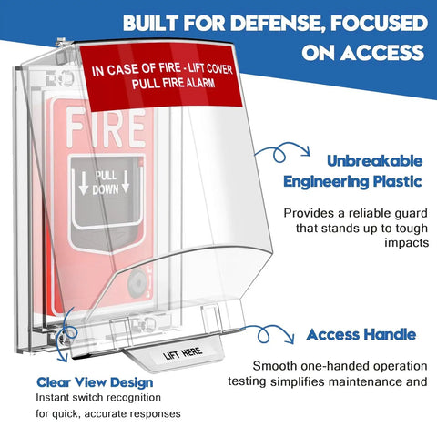 Straight Up Tough Fire Alarm Pull Station Cover in clear unbreakable plastic for indoor or outdoor use, protecting switches.