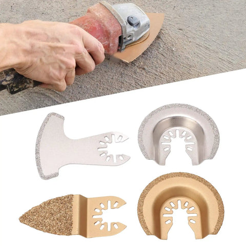 Four Pack Semi Circle Finger Segment Oscillating Saw Blades For Grout, Ceramics, And Masonry with multitool in use.