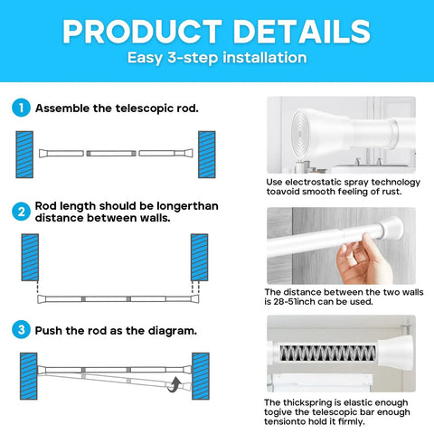 Installation steps for Pair Of Adjustable White Spring Tension Curtain Rods 28 To 48 Inches No Drill No Tools Easy Install Non Slip
